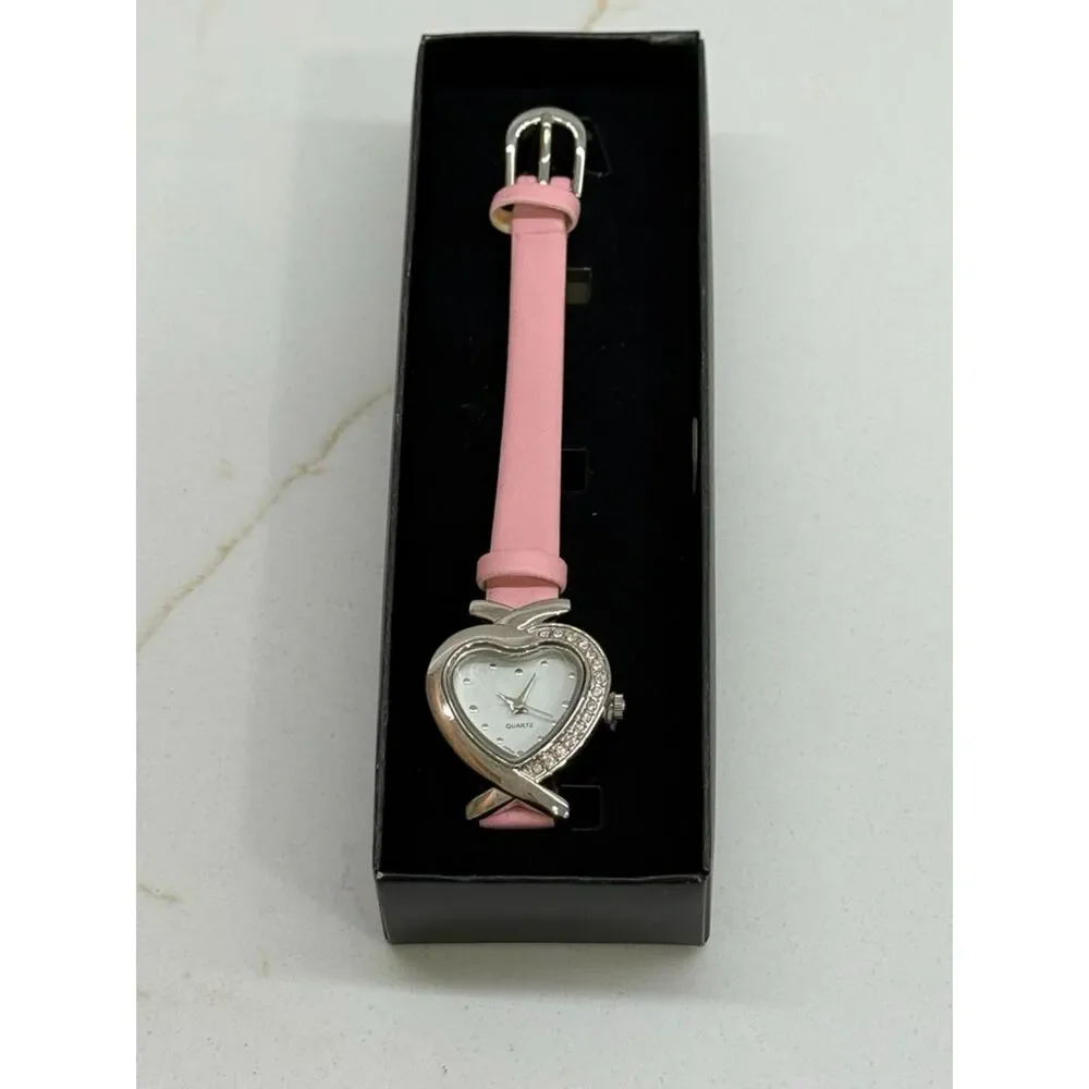 Avon Classic Heart Watch Pink Faux Leather Strap Rhinestone – New in Box